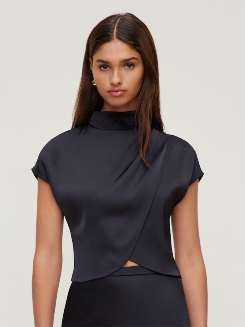 Dynamite Ella Layered Satin Mockneck Blouse Jet Black XXS NWT